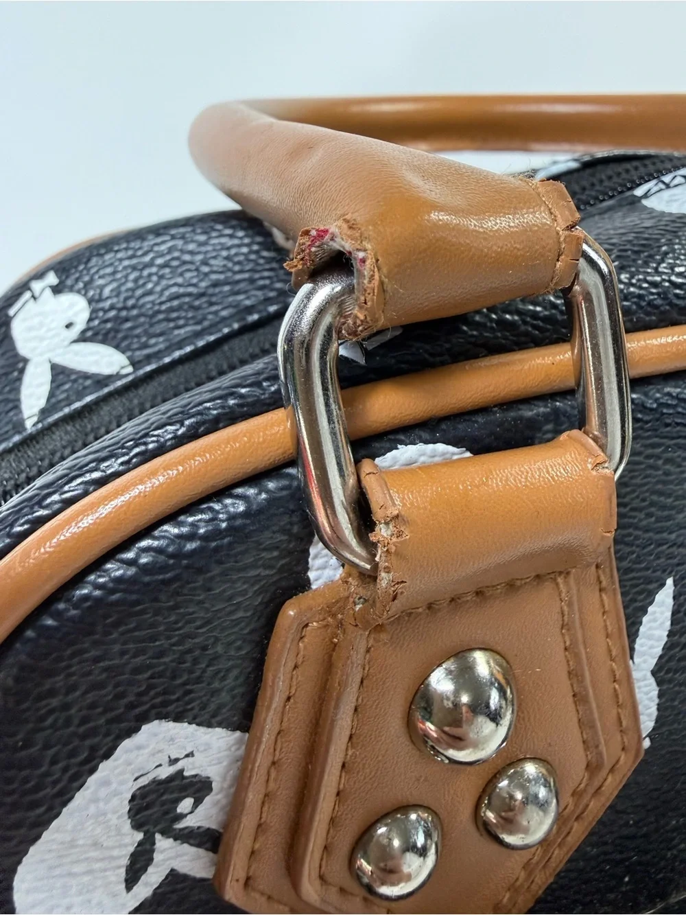 Vtg y2k Playboy Black and Tan Printed Satchel Bag pink interior - Picture 9 of 16